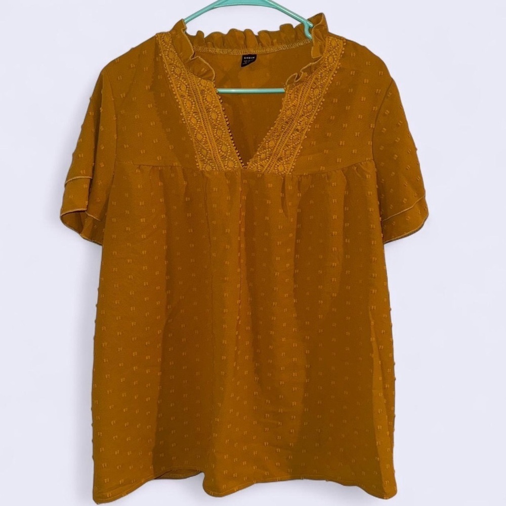 SHEIN Mustard Lace Trim Blouse